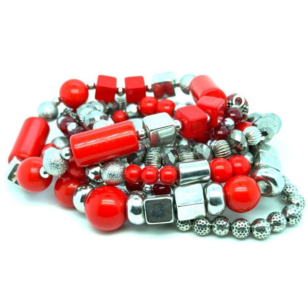 Silver/Red Beaded Bracelet Lot (c)
